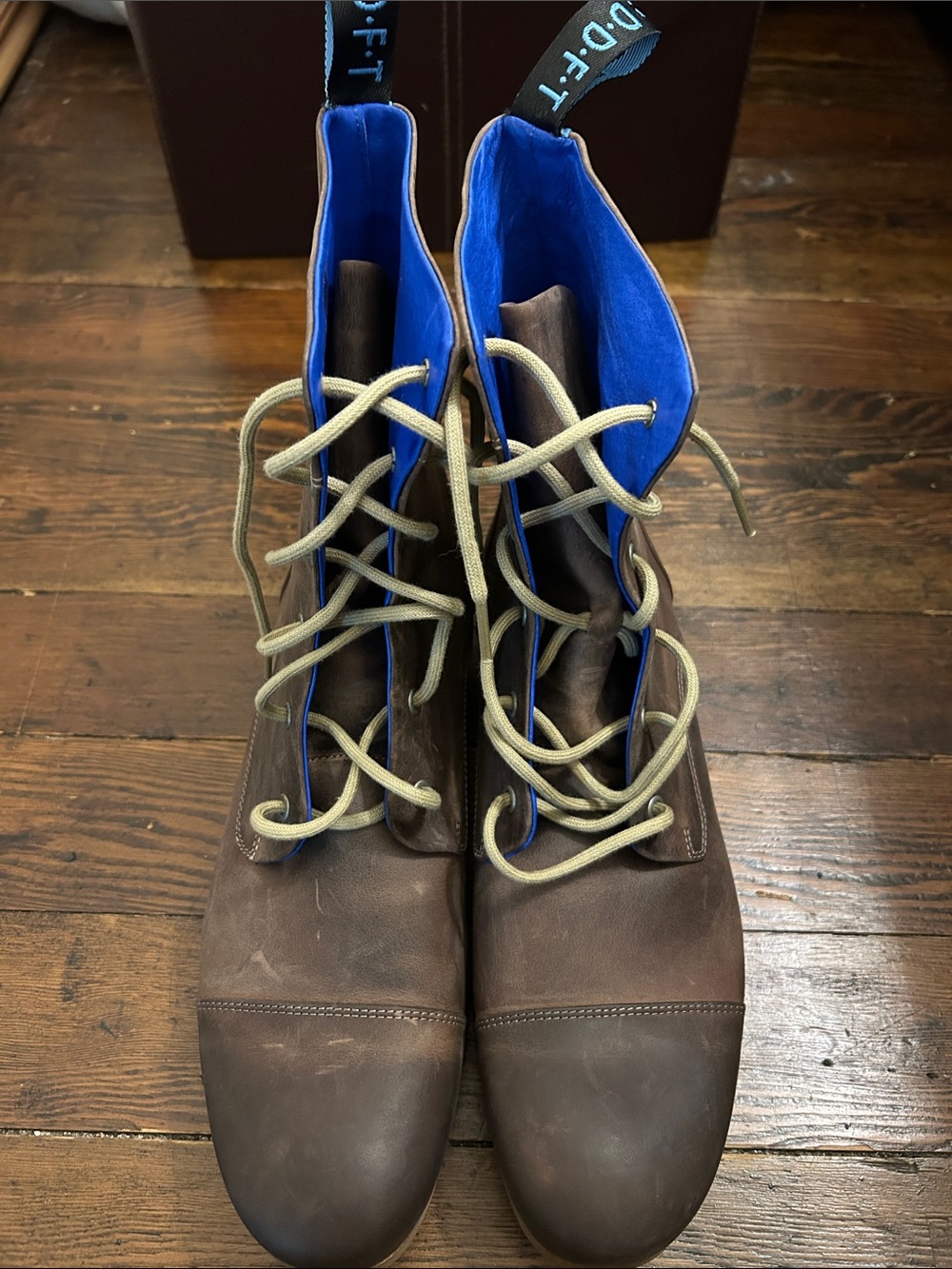 John Fluevog Brown Leather Boots with Blue Lining